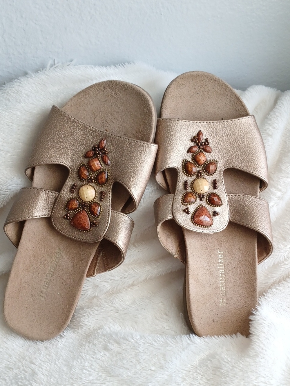 Naturalizer Metallic Gold Slide Sandals with Brown Beaded Accents